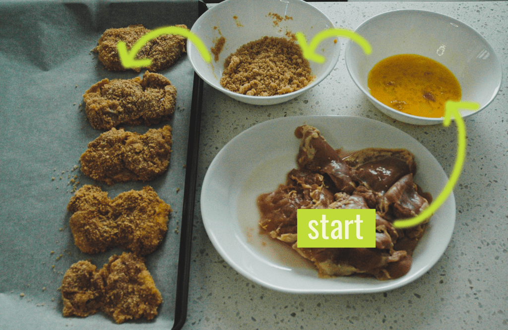 Coat chicken in egg wash, then pork rind crumbs, and lay on a parchment covered baking sheet