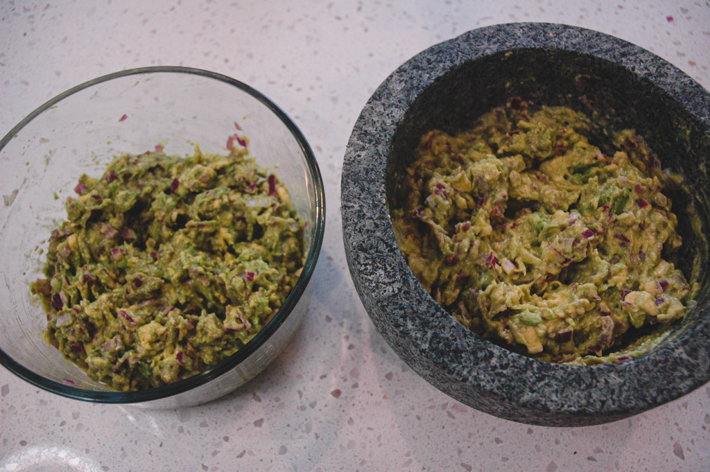 3-ingredient guacamole made in a traditional molcajete and alternative glass bowl.