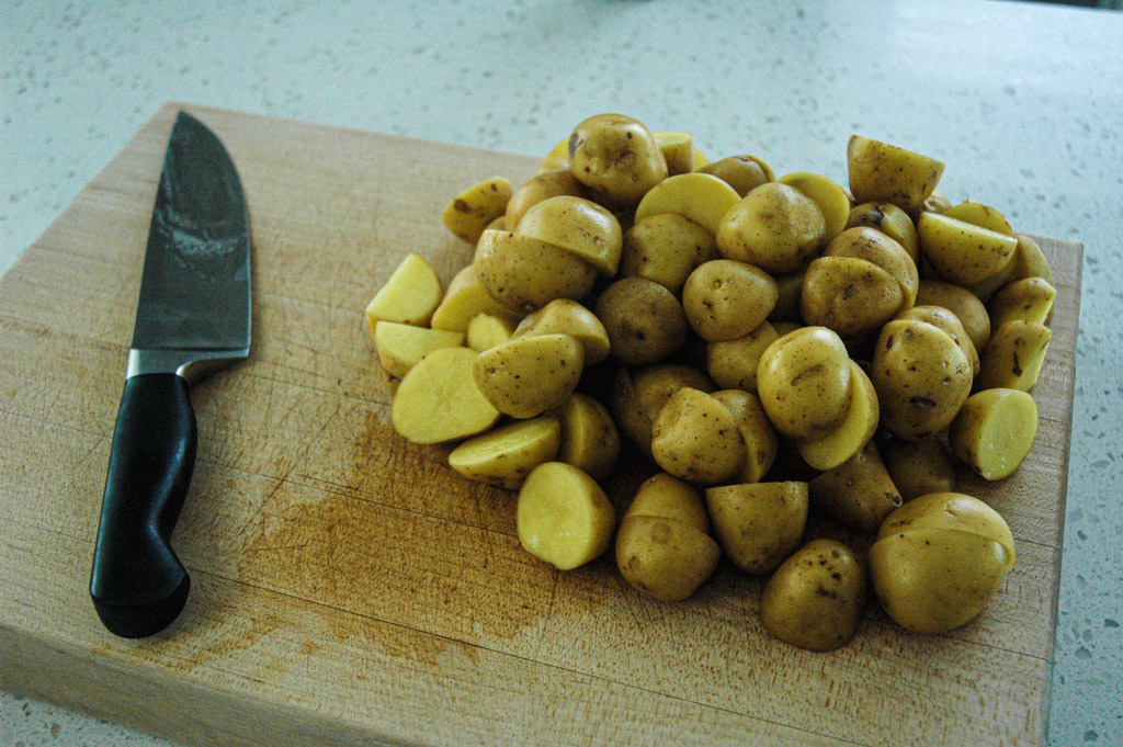 cut yellow potatoes into uniform 2 inch cubes