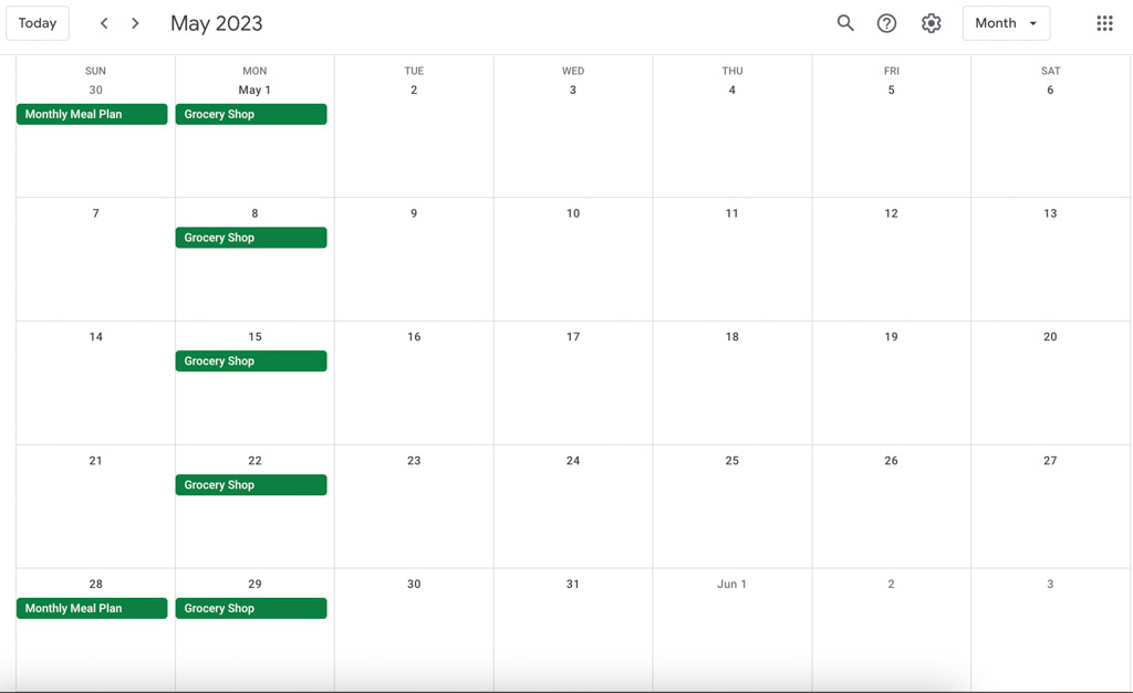 Monthly meal planning calendar example