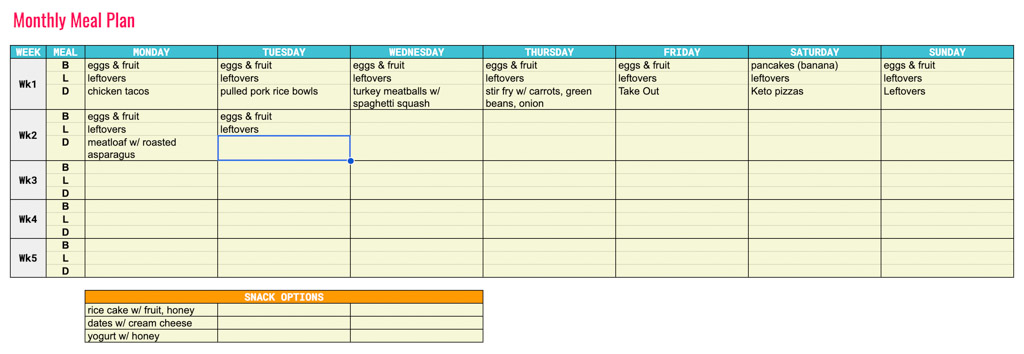 Monthly meal planner template example