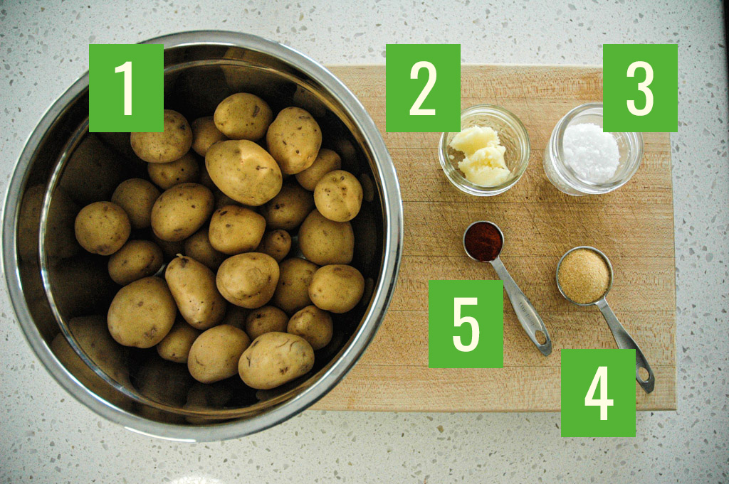 parboiled roasted potatoes recipe includes yellow potatoes, beef tallow, salt, garlic powder, and paprika